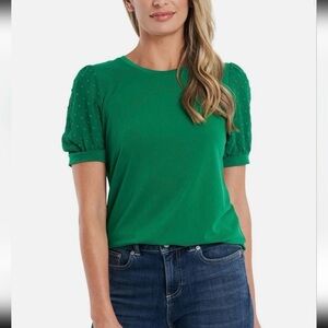 CeCe Green Short Sleeve Top with Textured Sleeves